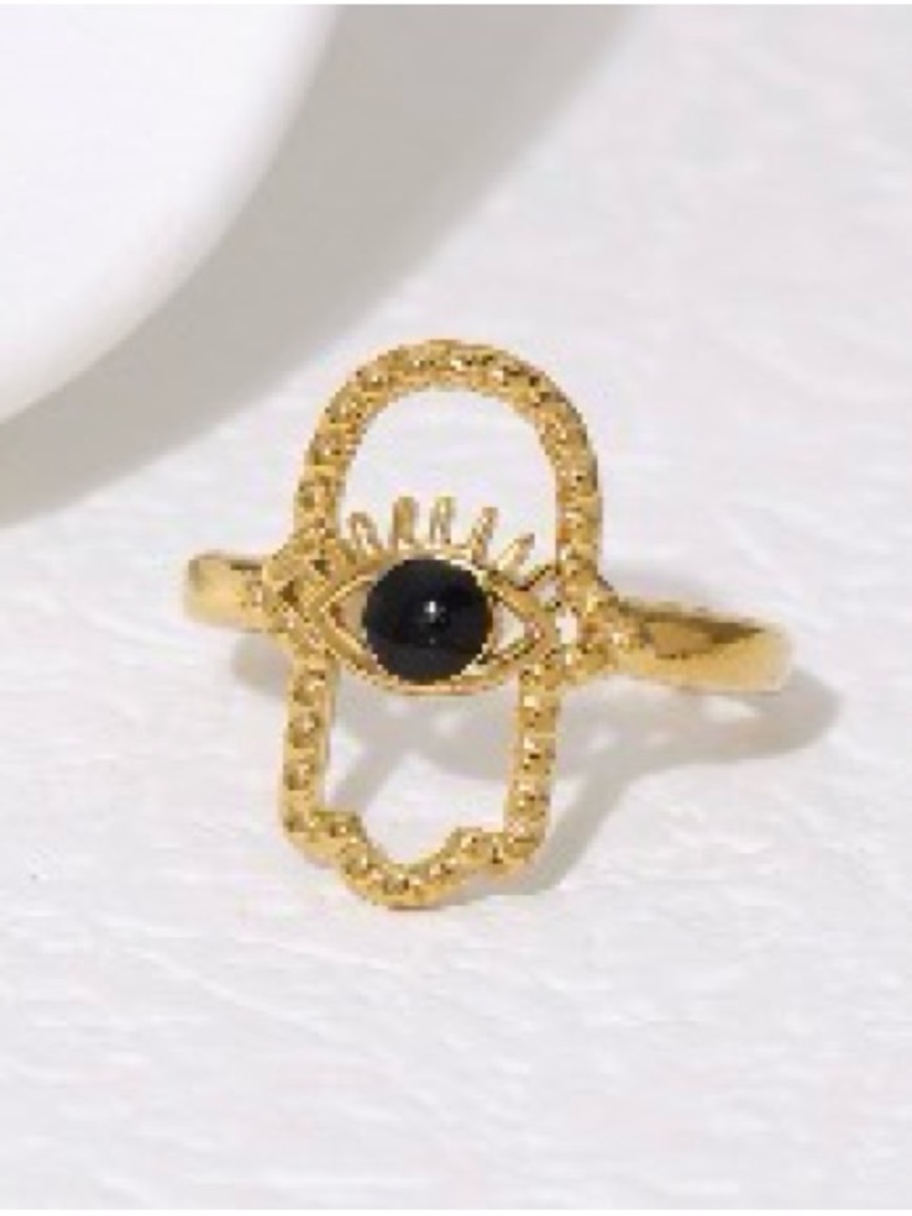 18k Gold plated Hamsa Eye adjustable Ring with Black Stone - Women Jewelry